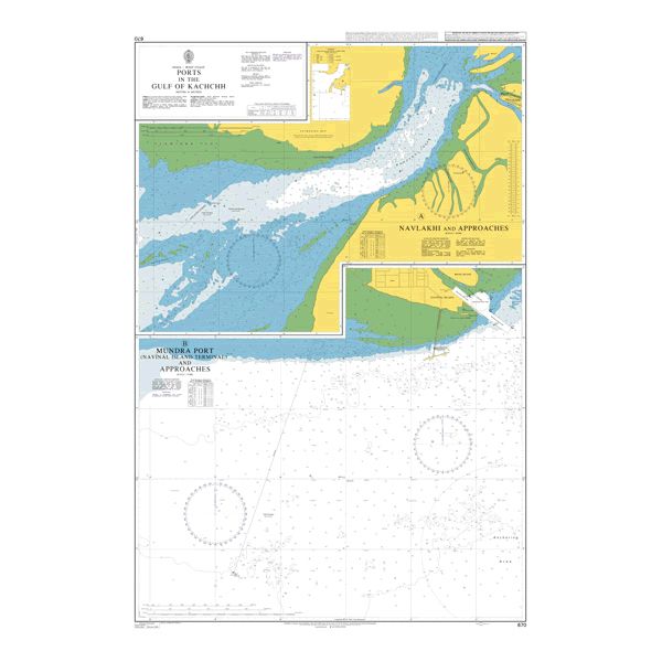 Product image of Admiralty Chart 670 | Ports in the Gulf of Kachchh, featuring navigational markings, depth soundings, and coastal features, essential for safe marine navigation. It could be displayed as an art piece or used for navigation on a boat or ship.