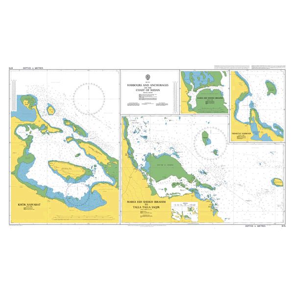 Product image of Admiralty Chart 675 | Harbours and Anchorages on the Coast of Sudan, featuring navigational markings, depth soundings, and coastal features, essential for safe marine navigation. It could be displayed as an art piece or used for navigation on a boat or ship.