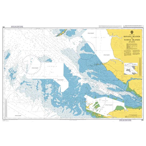 Product image of Admiralty Chart 685 | Banana Islands to Turtle Islands, featuring navigational markings, depth soundings, and coastal features, essential for safe marine navigation. It could be displayed as an art piece or used for navigation on a boat or ship.