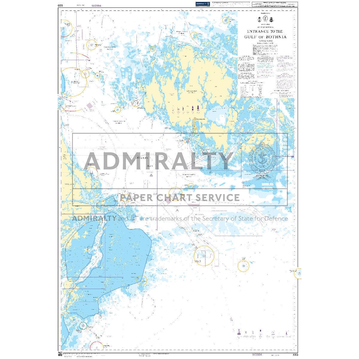 Product image of Admiralty Chart 689 | Entrance to the Gulf of Bothnia, featuring navigational markings, depth soundings, and coastal features, essential for safe marine navigation. It could be displayed as an art piece or used for navigation on a boat or ship.