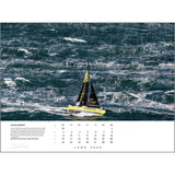 A yellow sailboat labeled "Class40 IBSA" navigates through turbulent waters in the image below, which is accompanied by the Rick Tomlinson Portfolio Calendar 2025 from Rick Tomlinson Photography. The calendar displays June 2025, with marked days and notes on weather conditions, capturing the excitement and challenge of sailing in this breathtaking photograph.