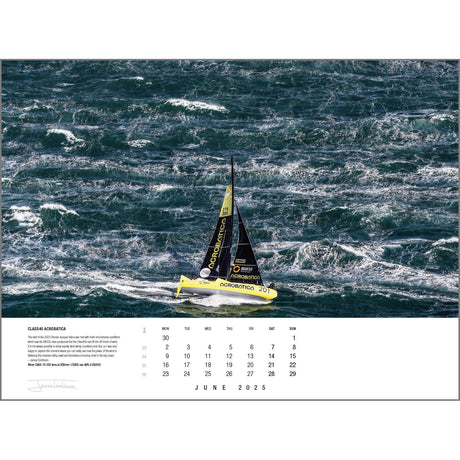 A yellow sailboat labeled "Class40 IBSA" navigates through turbulent waters in the image below, which is accompanied by the Rick Tomlinson Portfolio Calendar 2025 from Rick Tomlinson Photography. The calendar displays June 2025, with marked days and notes on weather conditions, capturing the excitement and challenge of sailing in this breathtaking photograph.