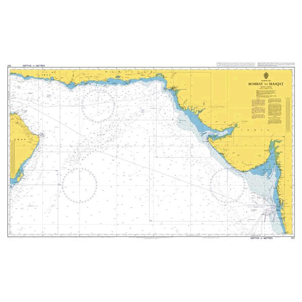 Product image of Admiralty Chart 707 | Mumbai (Bombay) to Muscat (Masqat), featuring navigational markings, depth soundings, and coastal features, essential for safe marine navigation. It could be displayed as an art piece or used for navigation on a boat or ship.