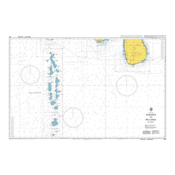 Product image of Admiralty Chart 709 | Maldives to Sri Lanka, featuring navigational markings, depth soundings, and coastal features, essential for safe marine navigation. It could be displayed as an art piece or used for navigation on a boat or ship.