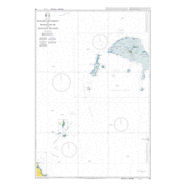 Product image of Admiralty Chart 716 | Seychelles Group to Madagascar and Agalega Islands, featuring navigational markings, depth soundings, and coastal features, essential for safe marine navigation. It could be displayed as an art piece or used for navigation on a boat or ship.