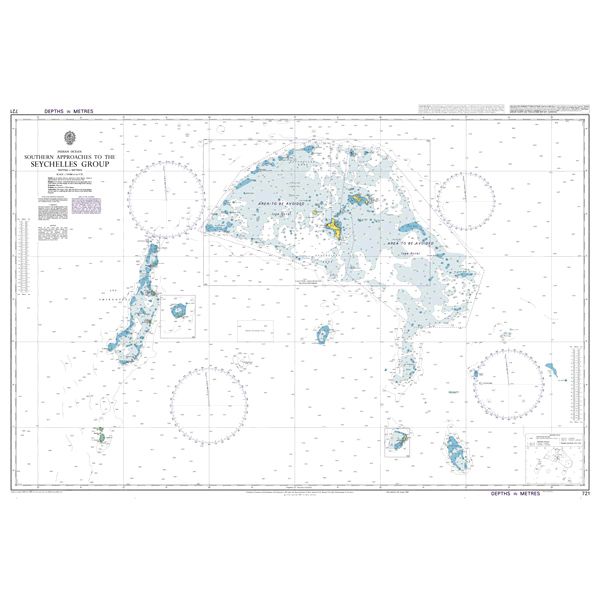 Product image of Admiralty Chart 721 | Southern Approaches to the Seychelles Group, featuring navigational markings, depth soundings, and coastal features, essential for safe marine navigation. It could be displayed as an art piece or used for navigation on a boat or ship.