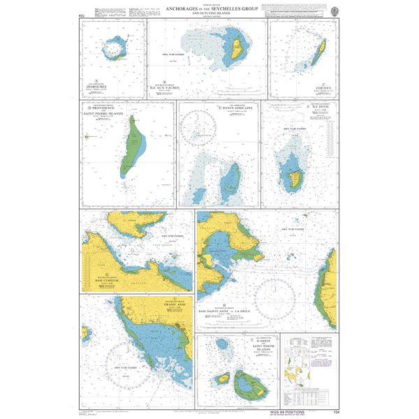 Product image of Admiralty Chart 724 | Anchorages in the Seychelles Group and Outlying Islands, featuring navigational markings, depth soundings, and coastal features, essential for safe marine navigation. It could be displayed as an art piece or used for navigation on a boat or ship.