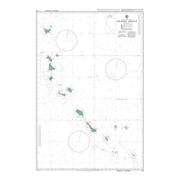 Product image of Admiralty Chart 731 | Gilbert Group, featuring navigational markings, depth soundings, and coastal features, essential for safe marine navigation. It could be displayed as an art piece or used for navigation on a boat or ship.