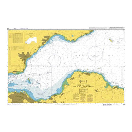 Product image of Admiralty Chart 734 | Firth of Forth Isle of May to Inchkeith, featuring navigational markings, depth soundings, and coastal features, essential for safe marine navigation. It could be displayed as an art piece or used for navigation on a boat or ship.