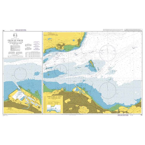 Product image of Admiralty Chart 735 | Firth of Forth Approaches to Leith and Burntisland, featuring navigational markings, depth soundings, and coastal features, essential for safe marine navigation. It could be displayed as an art piece or used for navigation on a boat or ship.