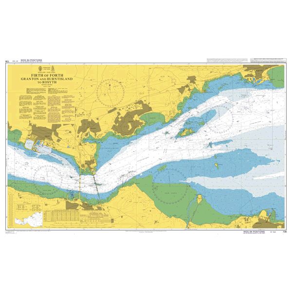 Product image of Admiralty Chart 736 | Firth of Forth Granton and Burntisland to Rosyth, featuring navigational markings, depth soundings, and coastal features, essential for safe marine navigation. It could be displayed as an art piece or used for navigation on a boat or ship.