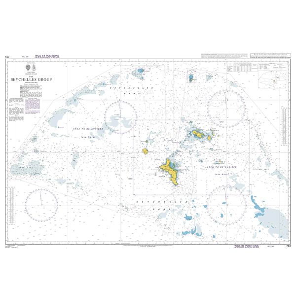 Product image of Admiralty Chart 740 | The Seychelles Group, featuring navigational markings, depth soundings, and coastal features, essential for safe marine navigation. It could be displayed as an art piece or used for navigation on a boat or ship.