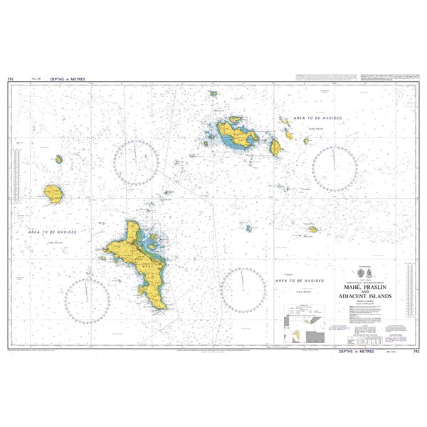 Product image of Admiralty Chart 742 | Mahe, Praslin and Adjacent Islands, featuring navigational markings, depth soundings, and coastal features, essential for safe marine navigation. It could be displayed as an art piece or used for navigation on a boat or ship.