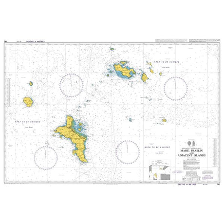 Product image of Admiralty Chart 742 | Mahe, Praslin and Adjacent Islands, featuring navigational markings, depth soundings, and coastal features, essential for safe marine navigation. It could be displayed as an art piece or used for navigation on a boat or ship.