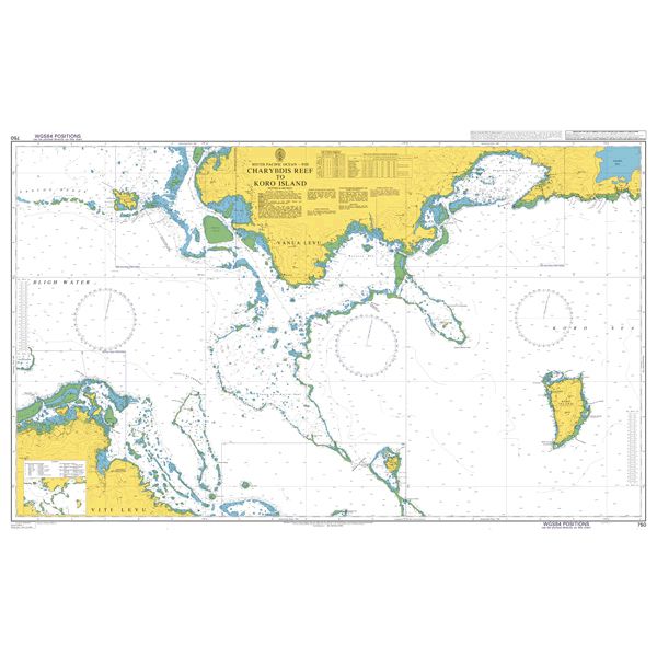 Product image of Admiralty Chart 750 | Charybdis Reef to Koro Island, featuring navigational markings, depth soundings, and coastal features, essential for safe marine navigation. It could be displayed as an art piece or used for navigation on a boat or ship.