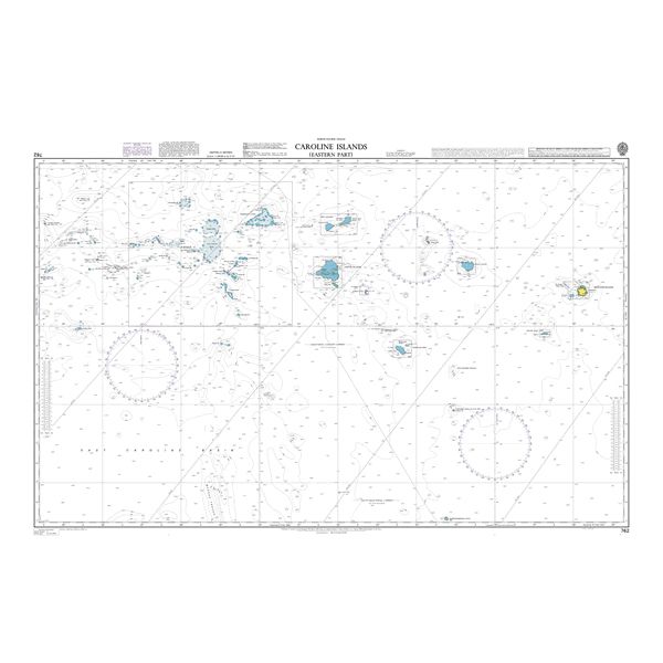 Product image of Admiralty Chart 762 | Caroline Islands (Eastern Part), featuring navigational markings, depth soundings, and coastal features, essential for safe marine navigation. It could be displayed as an art piece or used for navigation on a boat or ship.