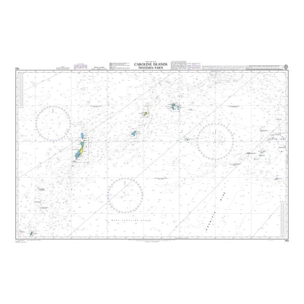 Product image of Admiralty Chart 763 | Caroline Islands (Western Part), featuring navigational markings, depth soundings, and coastal features, essential for safe marine navigation. It could be displayed as an art piece or used for navigation on a boat or ship.