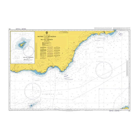 Product image of Admiralty Chart 774 | Motril to Cartagena including Isla de Alboran, featuring navigational markings, depth soundings, and coastal features, essential for safe marine navigation. It could be displayed as an art piece or used for navigation on a boat or ship.