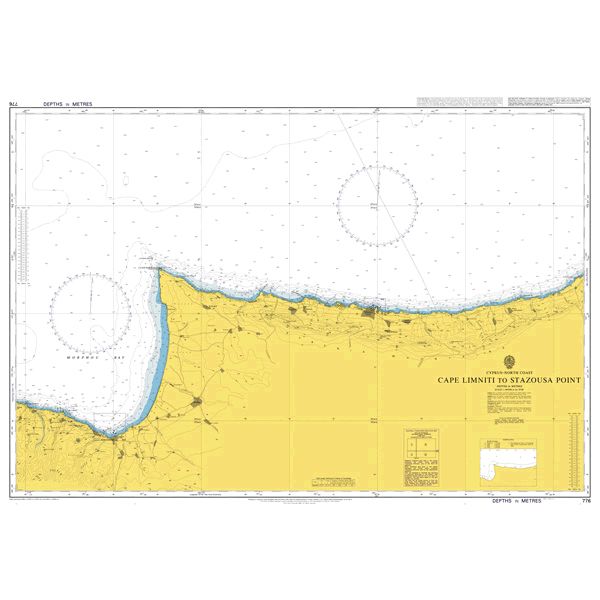 Product image of Admiralty Chart 776 | Cape Limniti to Stazousa Point, featuring navigational markings, depth soundings, and coastal features, essential for safe marine navigation. It could be displayed as an art piece or used for navigation on a boat or ship.