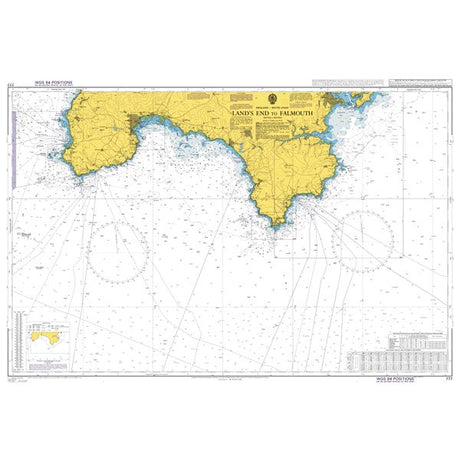 Product image of Admiralty Chart 777 | Land's End to Falmouth, featuring navigational markings, depth soundings, and coastal features, essential for safe marine navigation. It could be displayed as an art piece or used for navigation on a boat or ship.