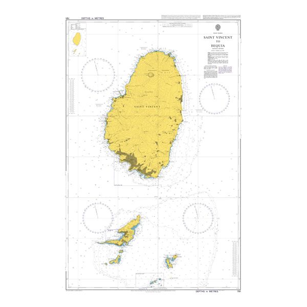 Product image of Admiralty Chart 791 | Saint Vincent to Bequia, featuring navigational markings, depth soundings, and coastal features, essential for safe marine navigation. It could be displayed as an art piece or used for navigation on a boat or ship.