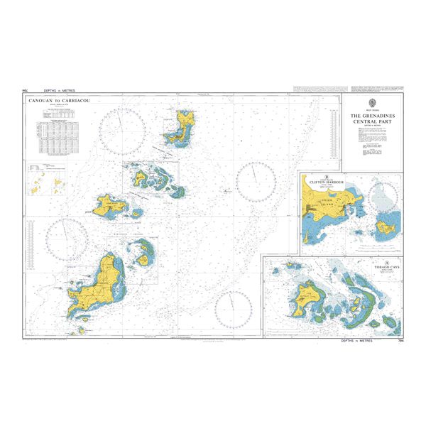 Product image of Admiralty Chart 794 | The Grenadines Central Part, featuring navigational markings, depth soundings, and coastal features, essential for safe marine navigation. It could be displayed as an art piece or used for navigation on a boat or ship.