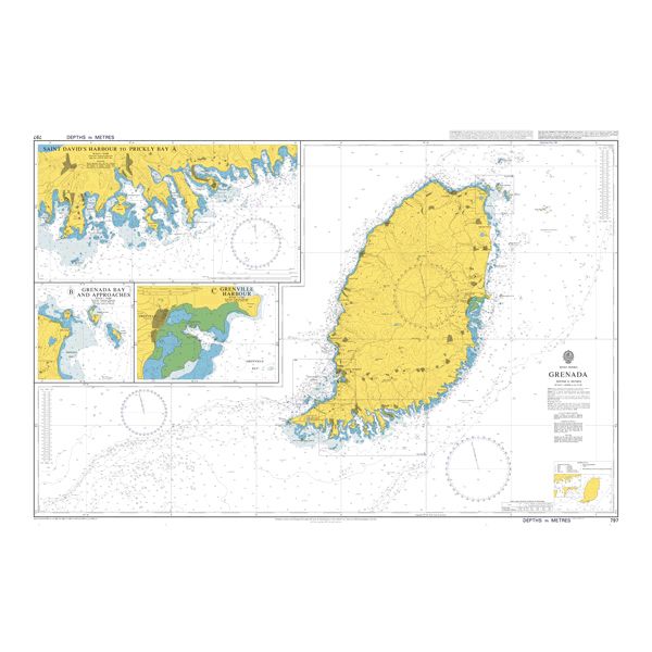 Product image of Admiralty Chart 797 | Grenada, featuring navigational markings, depth soundings, and coastal features, essential for safe marine navigation. It could be displayed as an art piece or used for navigation on a boat or ship.