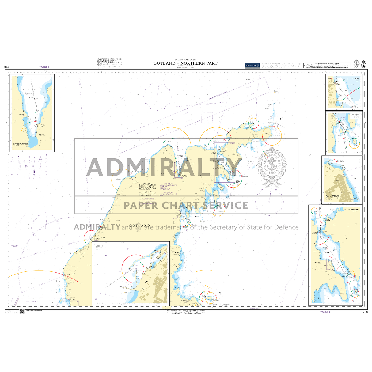 Product image of Admiralty Chart 798 | Gotland - Northern Part, featuring navigational markings, depth soundings, and coastal features, essential for safe marine navigation. It could be displayed as an art piece or used for navigation on a boat or ship.