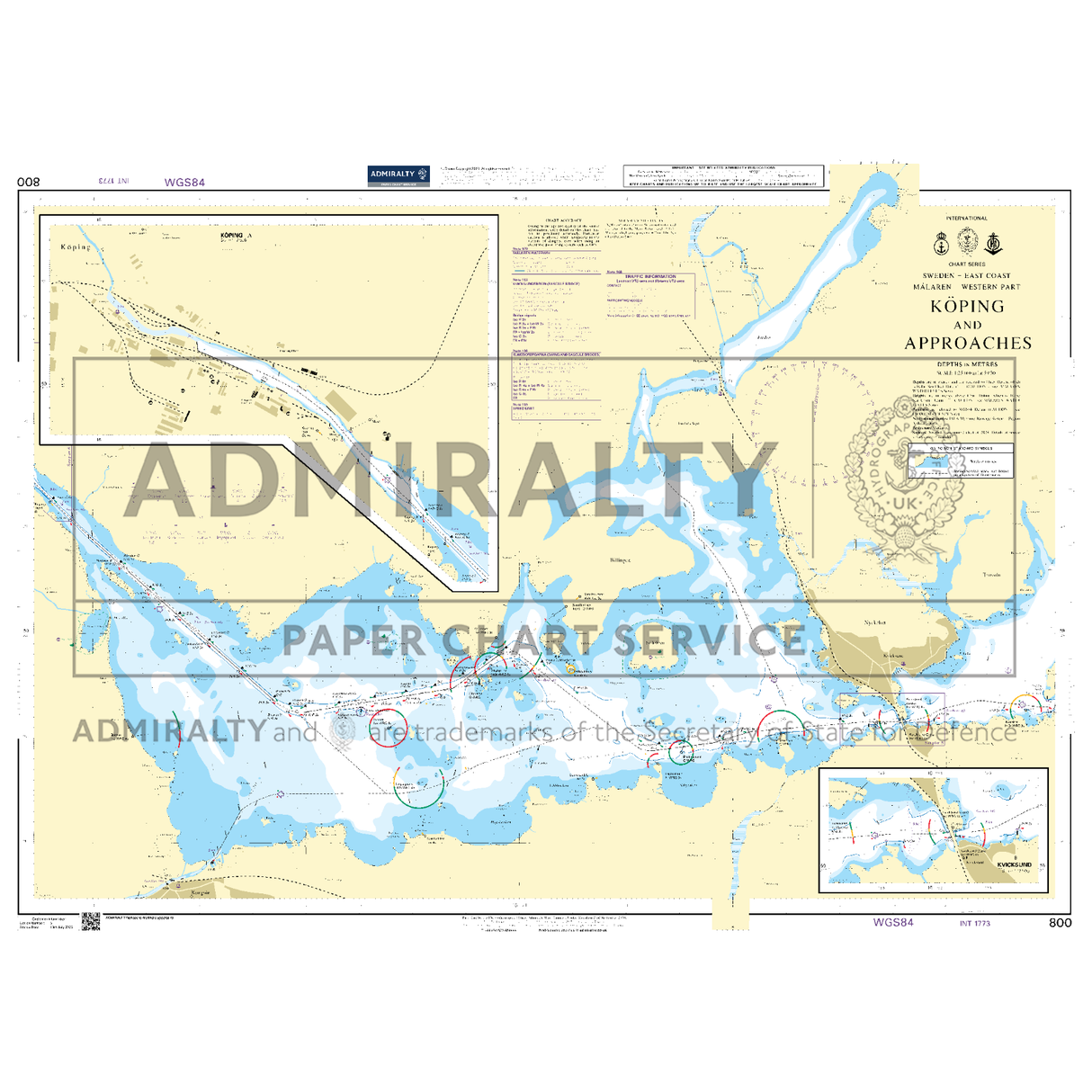 Product image of Admiralty Chart 800 | Koping and Approaches, featuring navigational markings, depth soundings, and coastal features, essential for safe marine navigation. It could be displayed as an art piece or used for navigation on a boat or ship.