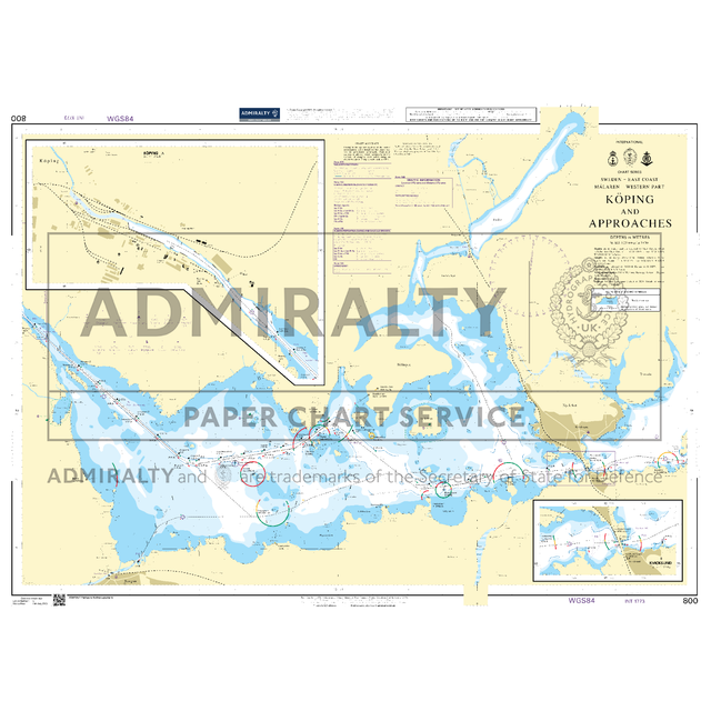 Product image of Admiralty Chart 800 | Koping and Approaches, featuring navigational markings, depth soundings, and coastal features, essential for safe marine navigation. It could be displayed as an art piece or used for navigation on a boat or ship.