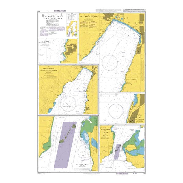 Product image of Admiralty Chart 801 | Plans in the Gulf of Aqaba, featuring navigational markings, depth soundings, and coastal features, essential for safe marine navigation. It could be displayed as an art piece or used for navigation on a boat or ship.