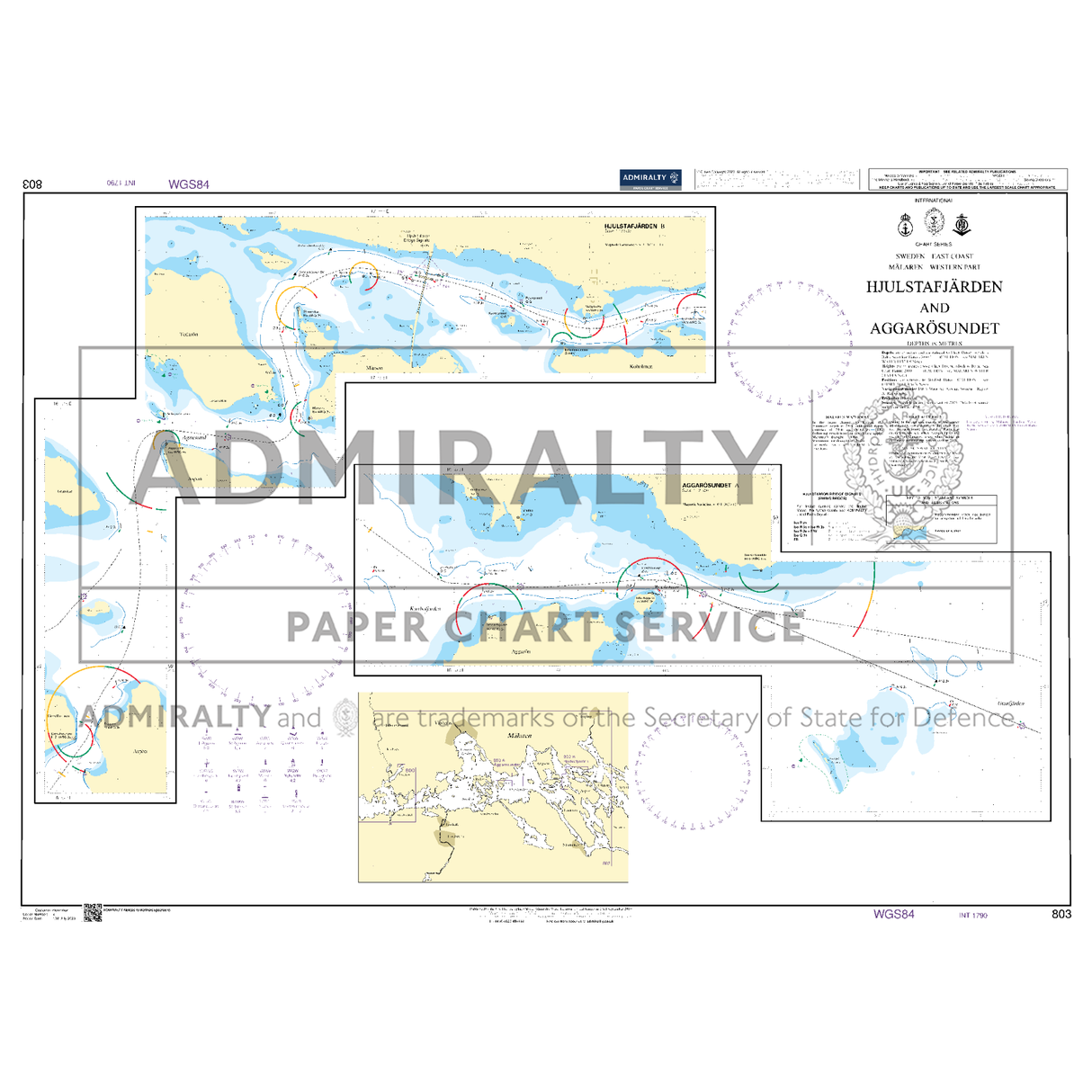 Product image of Admiralty Chart 803 | Hjulstafjarden and Aggarosundet, featuring navigational markings, depth soundings, and coastal features, essential for safe marine navigation. It could be displayed as an art piece or used for navigation on a boat or ship.