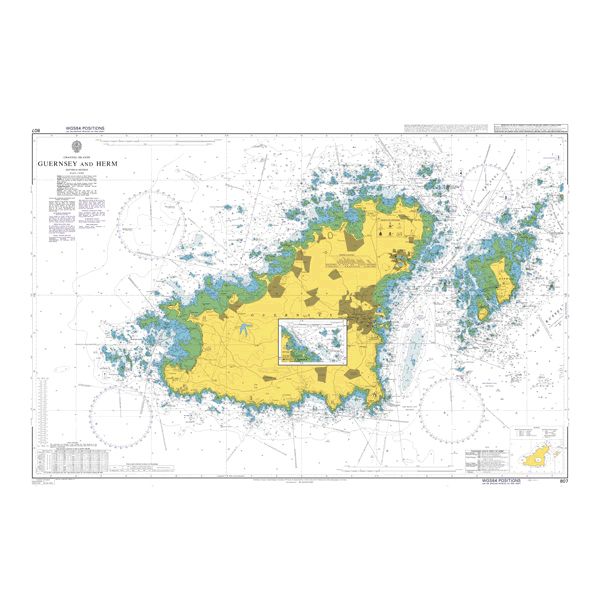 Product image of Admiralty Chart 807 | Guernsey and Herm, featuring navigational markings, depth soundings, and coastal features, essential for safe marine navigation. It could be displayed as an art piece or used for navigation on a boat or ship.