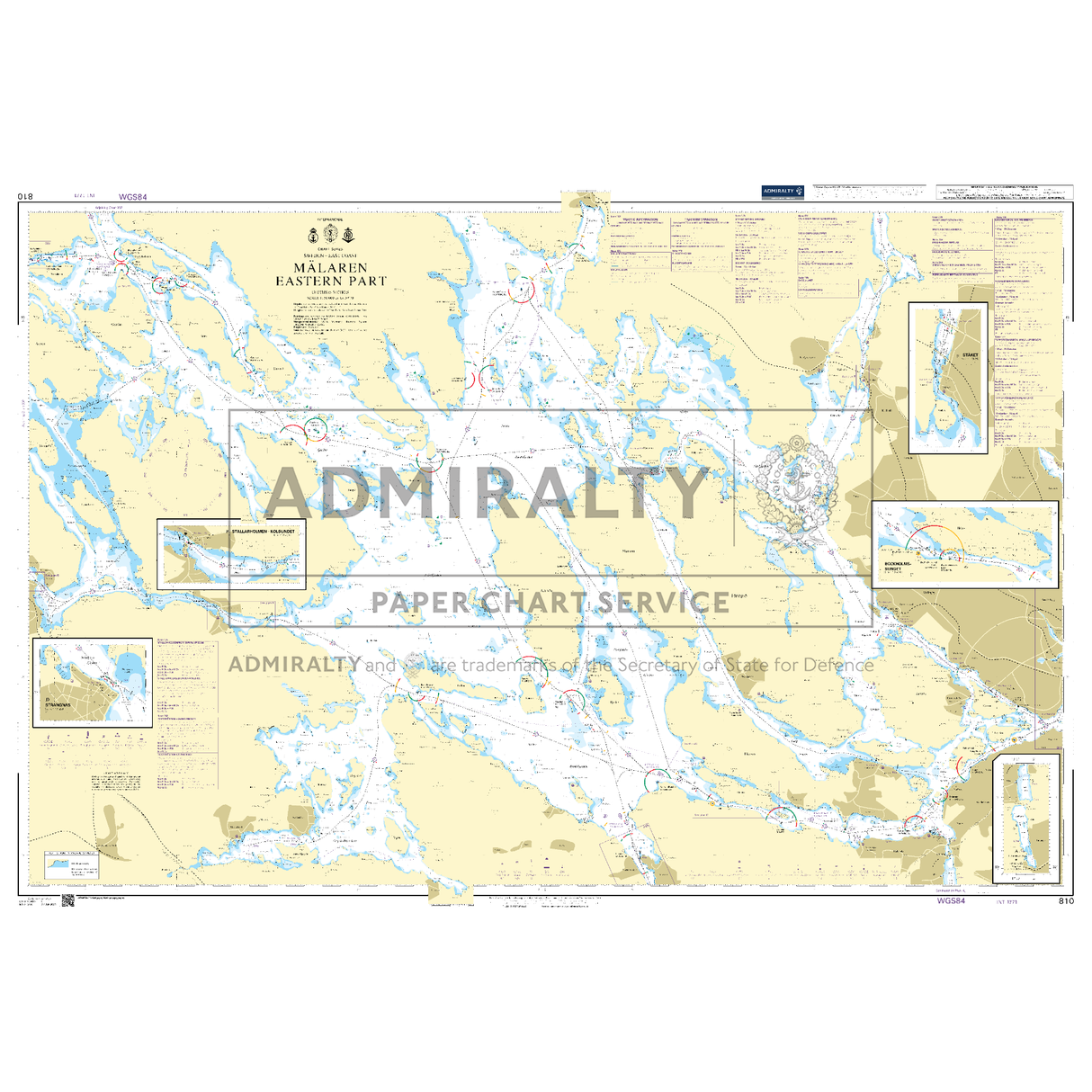 Product image of Admiralty Chart 810 | Malaren Eastern Part, featuring navigational markings, depth soundings, and coastal features, essential for safe marine navigation. It could be displayed as an art piece or used for navigation on a boat or ship.