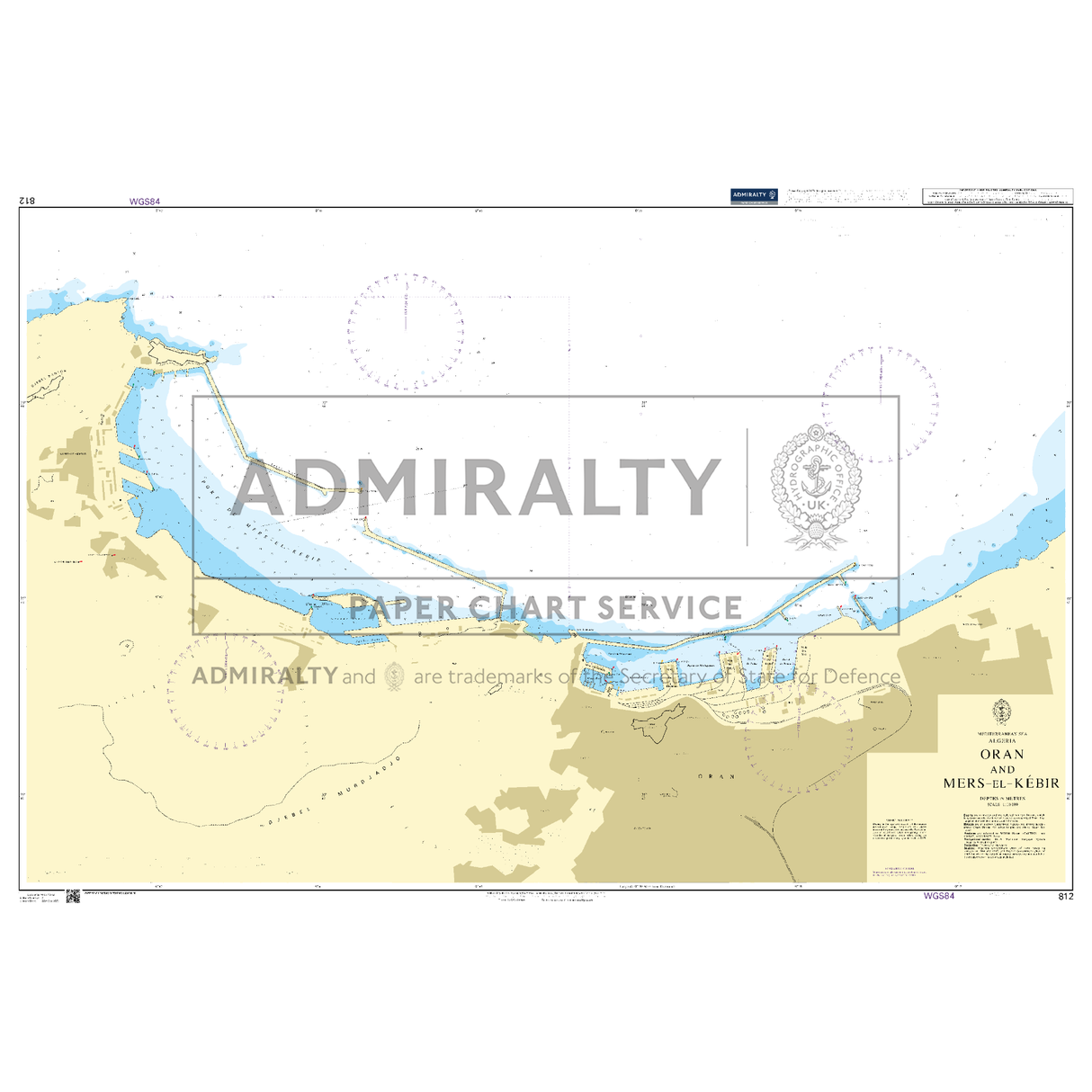 Product image of Admiralty Chart 812 | Oran and Mers-el-Kebir, featuring navigational markings, depth soundings, and coastal features, essential for safe marine navigation. It could be displayed as an art piece or used for navigation on a boat or ship.