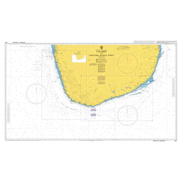 Product image of Admiralty Chart 813 | Colombo to Sangama Kanda Point, featuring navigational markings, depth soundings, and coastal features, essential for safe marine navigation. It could be displayed as an art piece or used for navigation on a boat or ship.