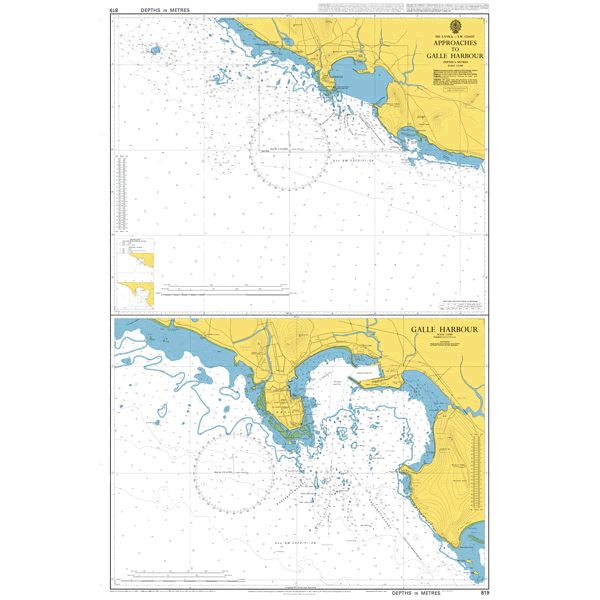 Product image of Admiralty Chart 819 | Galle Harbour and Approaches, featuring navigational markings, depth soundings, and coastal features, essential for safe marine navigation. It could be displayed as an art piece or used for navigation on a boat or ship.