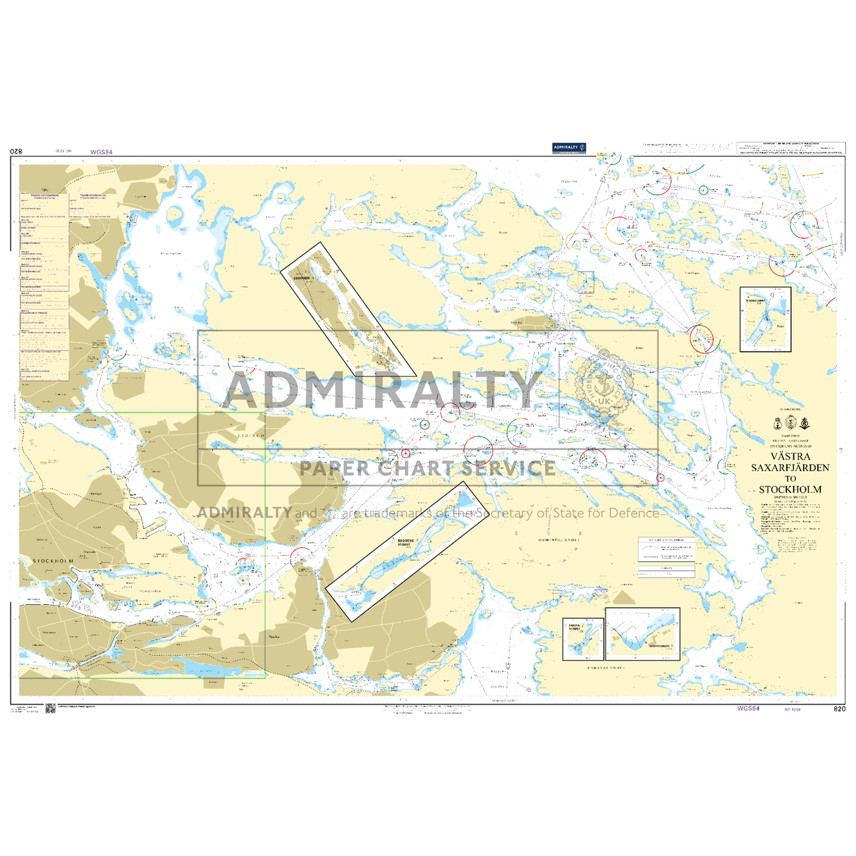 Product image of Admiralty Chart 820 | Vastra Saxarfjarden to Stockholm, featuring navigational markings, depth soundings, and coastal features, essential for safe marine navigation. It could be displayed as an art piece or used for navigation on a boat or ship.