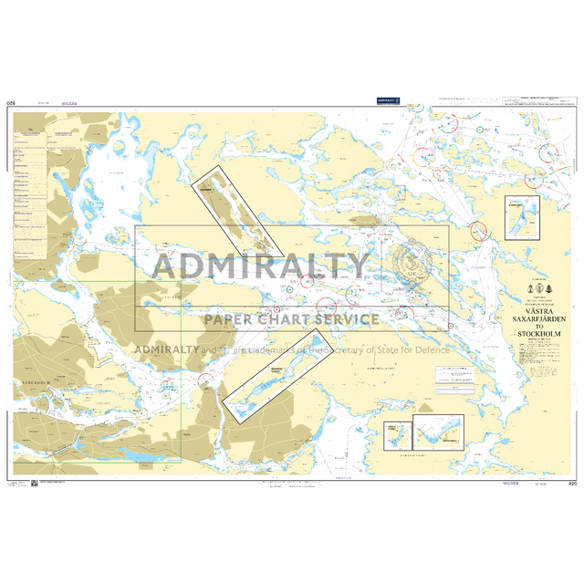 Product image of Admiralty Chart 820 | Vastra Saxarfjarden to Stockholm, featuring navigational markings, depth soundings, and coastal features, essential for safe marine navigation. It could be displayed as an art piece or used for navigation on a boat or ship.