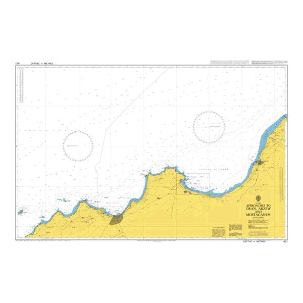 Product image of Admiralty Chart 822 | Approaches to Oran, Arzew and Mostaganem, featuring navigational markings, depth soundings, and coastal features, essential for safe marine navigation. It could be displayed as an art piece or used for navigation on a boat or ship.