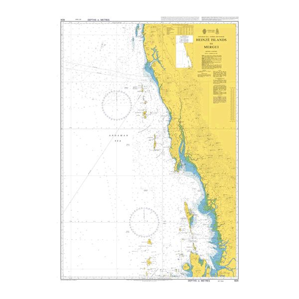 Product image of Admiralty Chart 824 | Heinze Islands to Myeik (Mergui), featuring navigational markings, depth soundings, and coastal features, essential for safe marine navigation. It could be displayed as an art piece or used for navigation on a boat or ship.