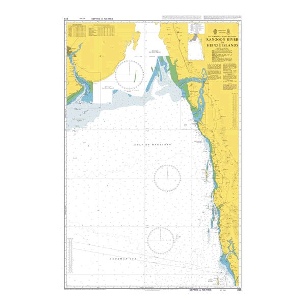 Product image of Admiralty Chart 826 | Yangon (Rangoon) River to Heinze Islands, featuring navigational markings, depth soundings, and coastal features, essential for safe marine navigation. It could be displayed as an art piece or used for navigation on a boat or ship.