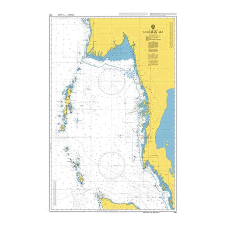 Product image of Admiralty Chart 830 | Andaman Sea, featuring navigational markings, depth soundings, and coastal features, essential for safe marine navigation. It could be displayed as an art piece or used for navigation on a boat or ship.