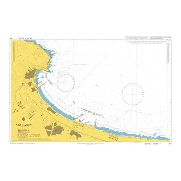 Product image of Admiralty Chart 838 | Port of Arzew, featuring navigational markings, depth soundings, and coastal features, essential for safe marine navigation. It could be displayed as an art piece or used for navigation on a boat or ship.