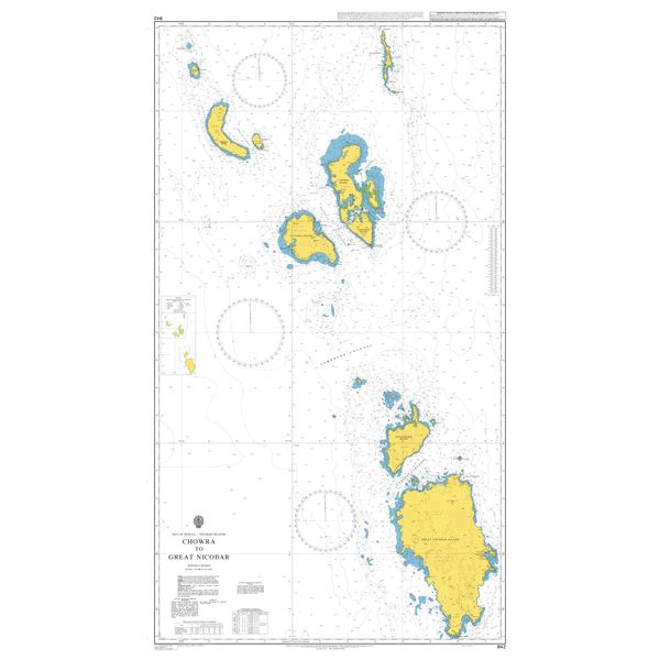 Product image of Admiralty Chart 842 | Chowra to Great Nicobar, featuring navigational markings, depth soundings, and coastal features, essential for safe marine navigation. It could be displayed as an art piece or used for navigation on a boat or ship.