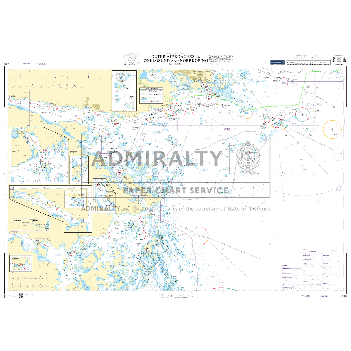 Product image of Admiralty Chart 846 | Outer Approaches to Oxelosund and Norrkoping, featuring navigational markings, depth soundings, and coastal features, essential for safe marine navigation. It could be displayed as an art piece or used for navigation on a boat or ship.