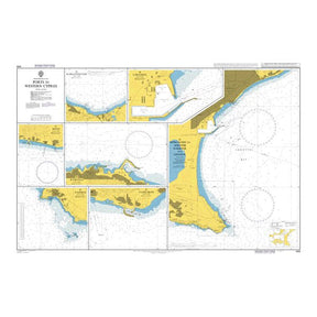 Product image of Admiralty Chart 849 | Ports in Western Cyprus, featuring navigational markings, depth soundings, and coastal features, essential for safe marine navigation. It could be displayed as an art piece or used for navigation on a boat or ship.
