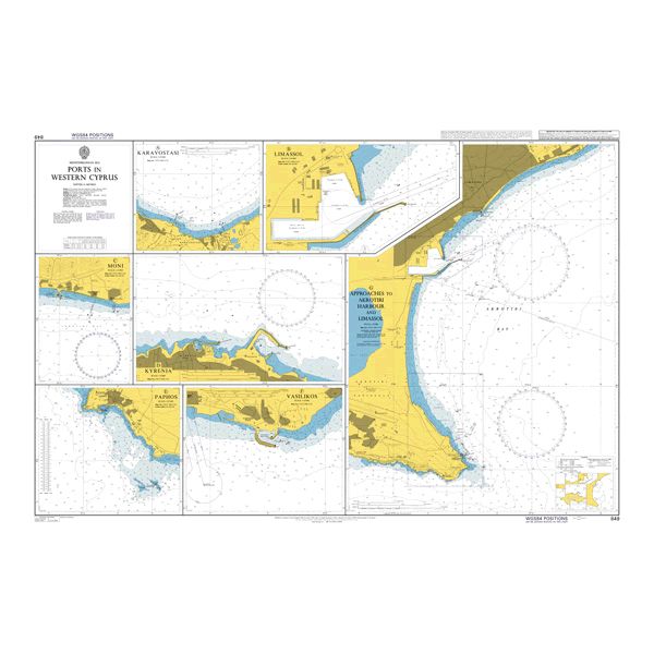 Product image of Admiralty Chart 849 | Ports in Western Cyprus, featuring navigational markings, depth soundings, and coastal features, essential for safe marine navigation. It could be displayed as an art piece or used for navigation on a boat or ship.