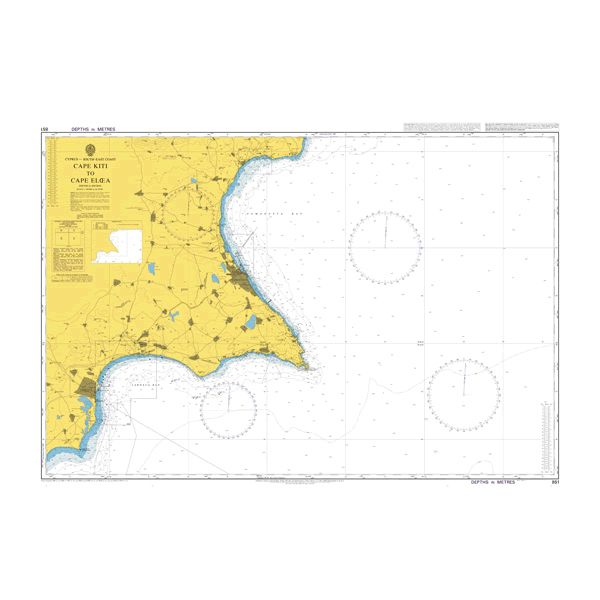 Product image of Admiralty Chart 851 | Cape Kiti to Cape Eloea, featuring navigational markings, depth soundings, and coastal features, essential for safe marine navigation. It could be displayed as an art piece or used for navigation on a boat or ship.