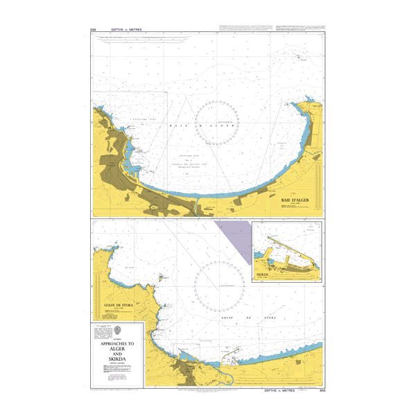 Product image of Admiralty Chart 855 | Approaches to Alger and Skikda, featuring navigational markings, depth soundings, and coastal features, essential for safe marine navigation. It could be displayed as an art piece or used for navigation on a boat or ship.